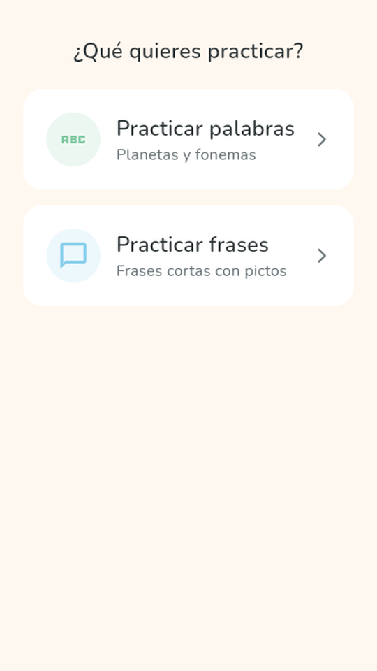 Inicio: elegir practicar palabras o frases